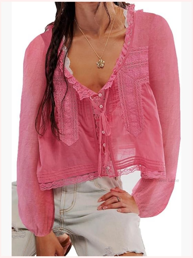 Boho Lace Bow Tie Front V-Neck Blouse Sheer Ruffle Flowy Long Sleeve Top